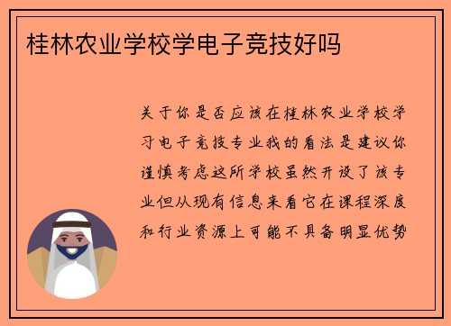 桂林农业学校学电子竞技好吗